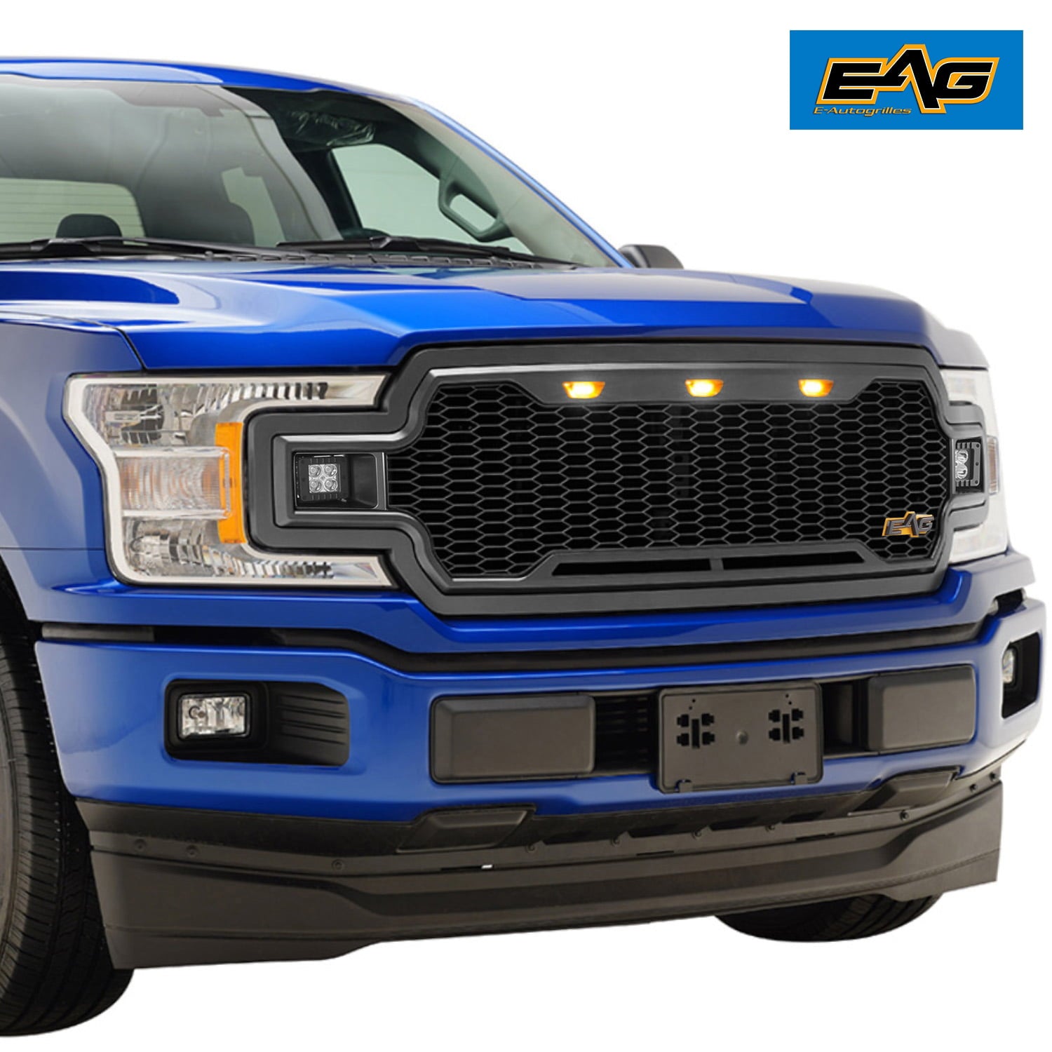 EAG Replacement Upper Grille ABS Front Mesh Grill Fit for 18-19 Ford F150 - Matte Black - with Three Amber LED Lights and Two 12W Square LED Lights