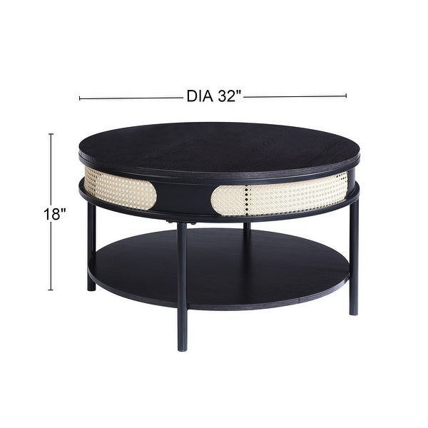 1 Open Shelf Round Coffee Table with Metal Legs in Black Finish