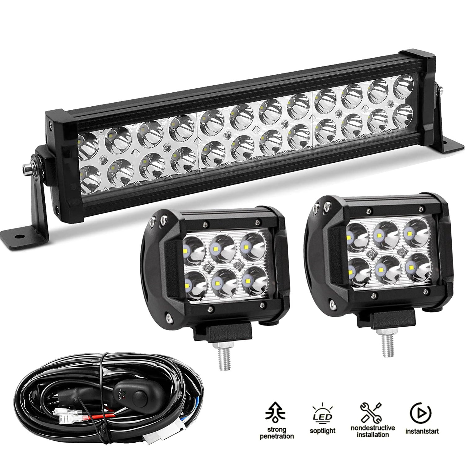 12inch 72W Double Row Flood Spot Combo 30000LM Led Off Road Lights for Trucks+ 2x4''Spot Pods Driving Fog Lights with 16AWG Wiring Harness Kit