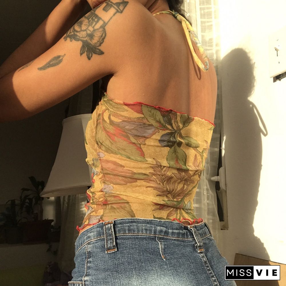 Summer Sexy Ladies Vest Floral Printing Mesh Perspective Crop Tops Cross Halter Neck Backless Ruched Slim Camisoles Y2K Street