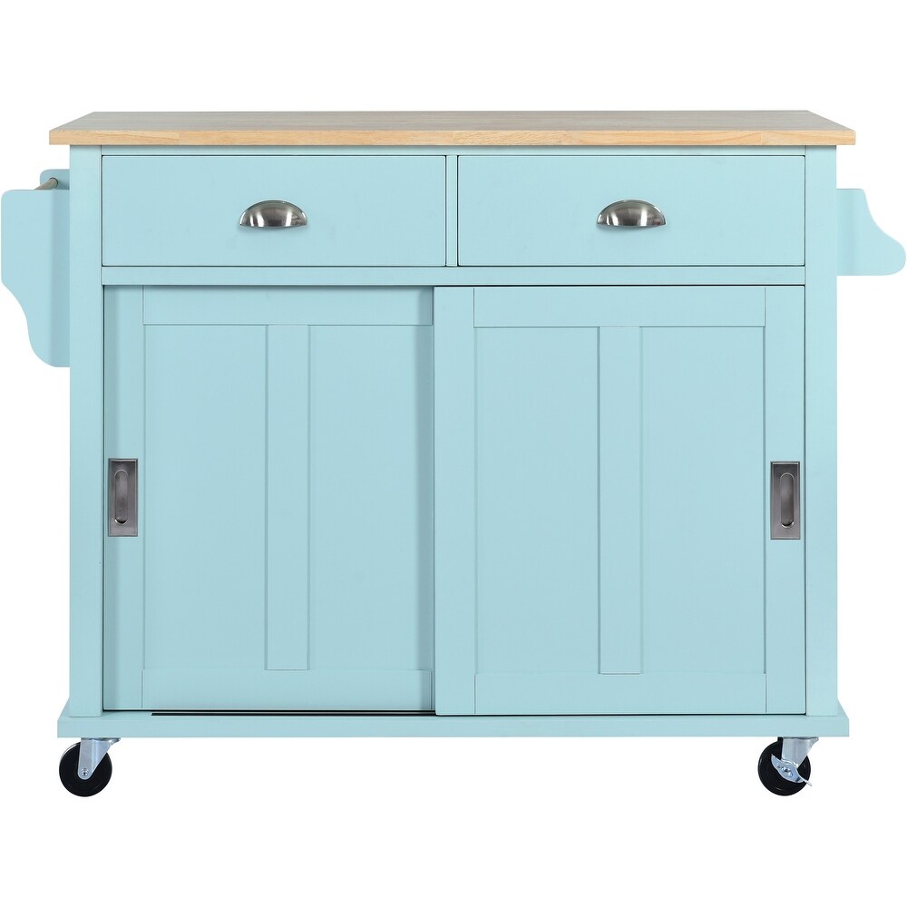 Kitchen Island Cart w/ Rubber wood Drop Leaf Countertop  Concealed Sliding Barn Door Kitchen Island w/ Storage Cabinet 2 Drawers