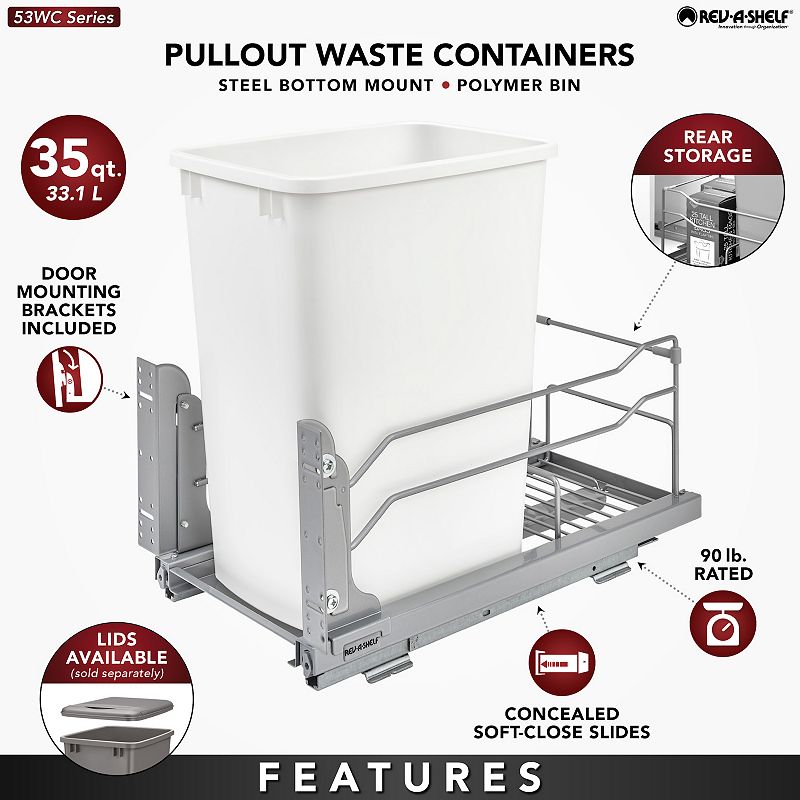 Rev-A-Shelf Pull Out Kitchen Trash Can 35 Qt with Soft-Close， 53WC-1535SCDM-112