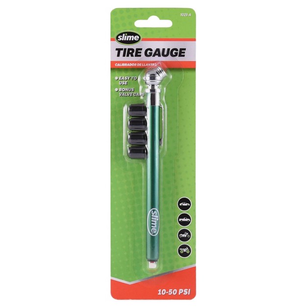 10 50 Psi Slime Pencil Tire Gauge With Valve Caps