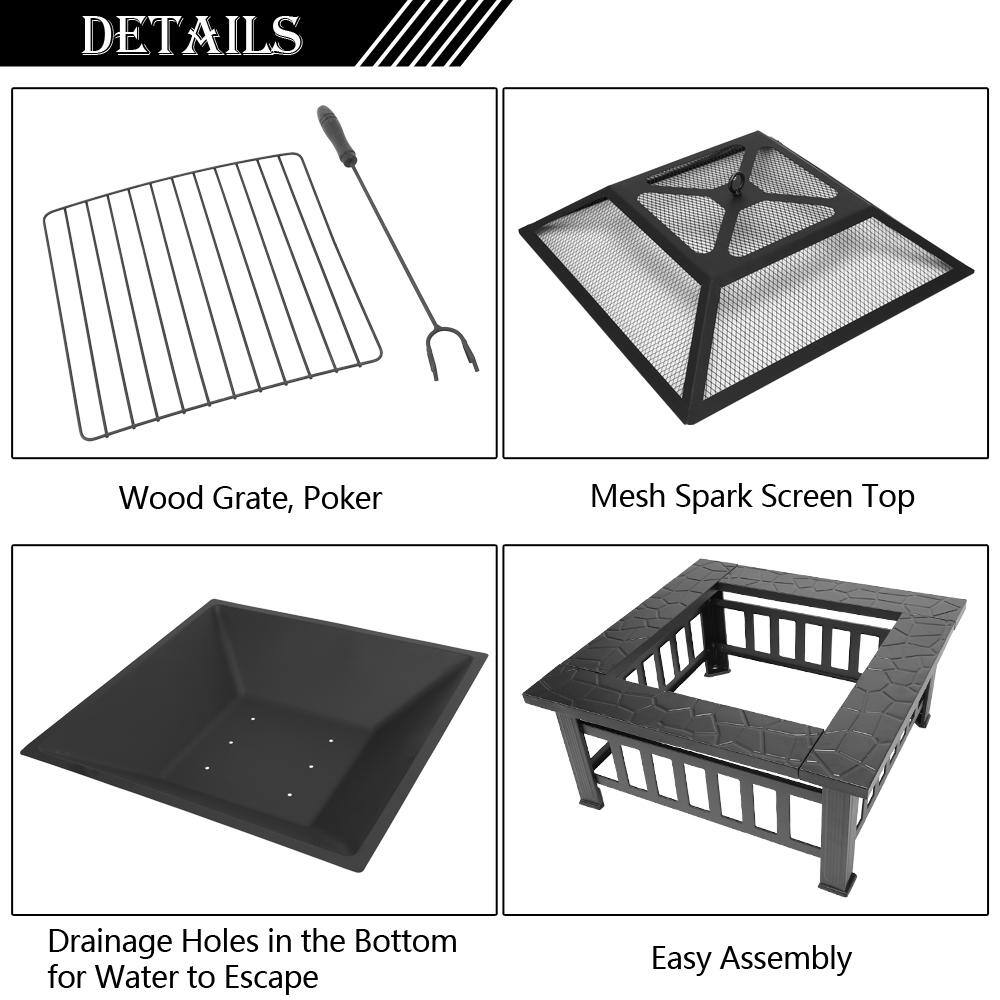 Winado 32 in. W x 14 in. H Square Metal Wood Burning Fire Pit Table in Black 590946152814