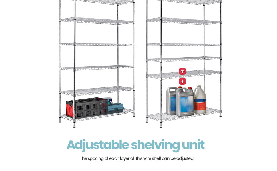 6-Tier Wire Shelving Unit Heavy Duty Height Adjustable NSF Certification Utility Rolling Steel Commercial Grade with Wheels for Kitchen Bathroom Office 2100LBS Capacity-18x48x82, Chrome