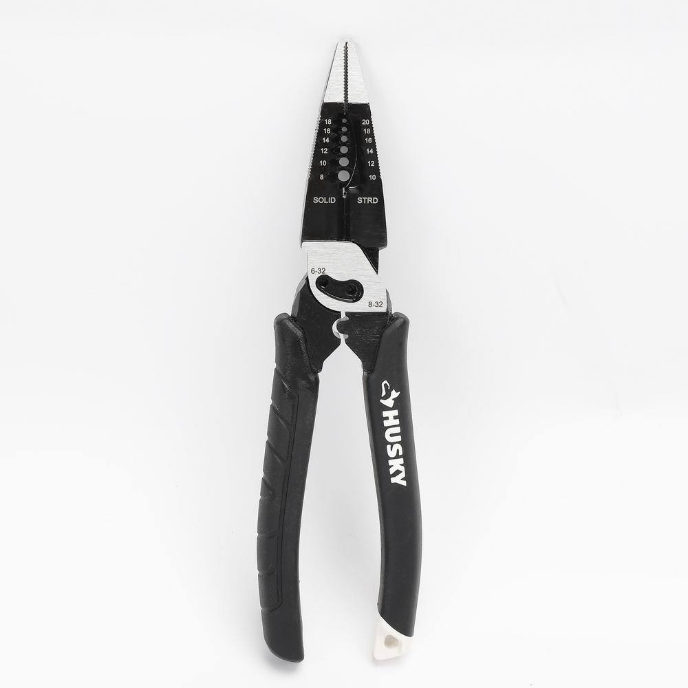 Husky 8 in. Multi-Function Long Nose Pliers with Rubber Handle 90358