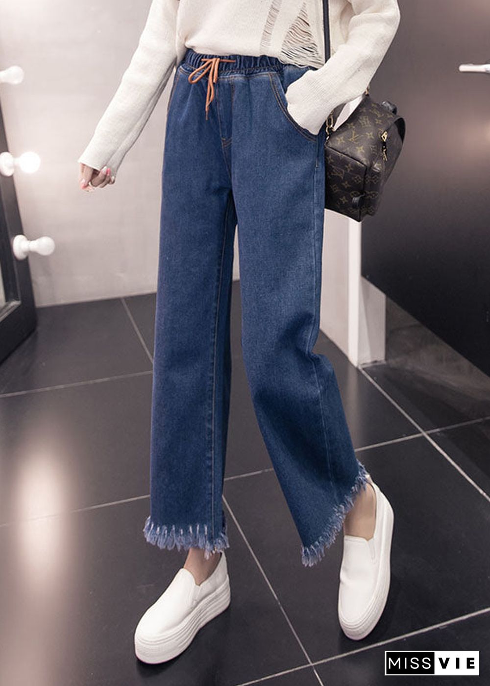 Loose Denim Blue Elastic Waist Drawstring Tassel Pockets Cotton Wide Leg Pants Summer