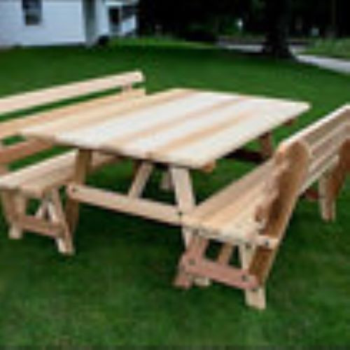 Red Cedar Traditional Picnic Table with (2) Backed Benches   Transitional   Outdoor Dining Sets   by Fifthroom  Houzz