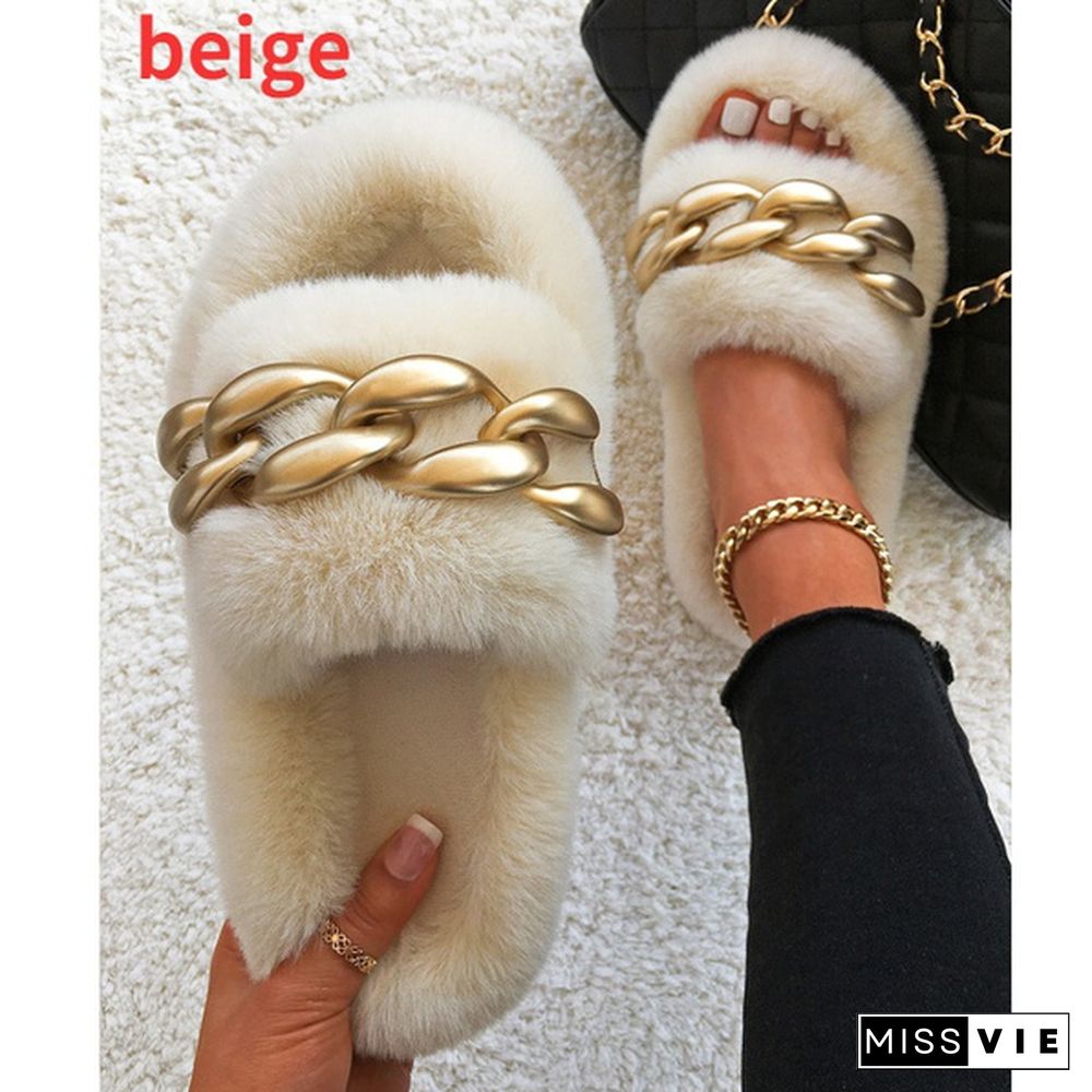 New Matte Gold Chain Decorate Female Fluffy Fur Slides Plush Warm Slippers Luxury Slippers Slip-On Thick Bottom Women