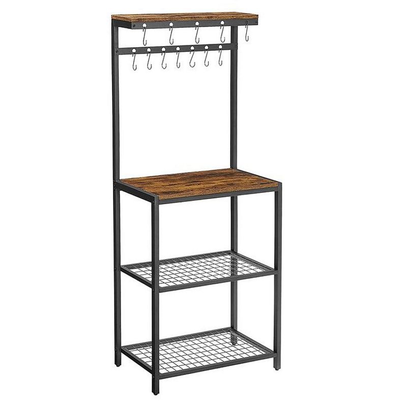 Industrial Brown Baker's Rack with Shelves and Hooks