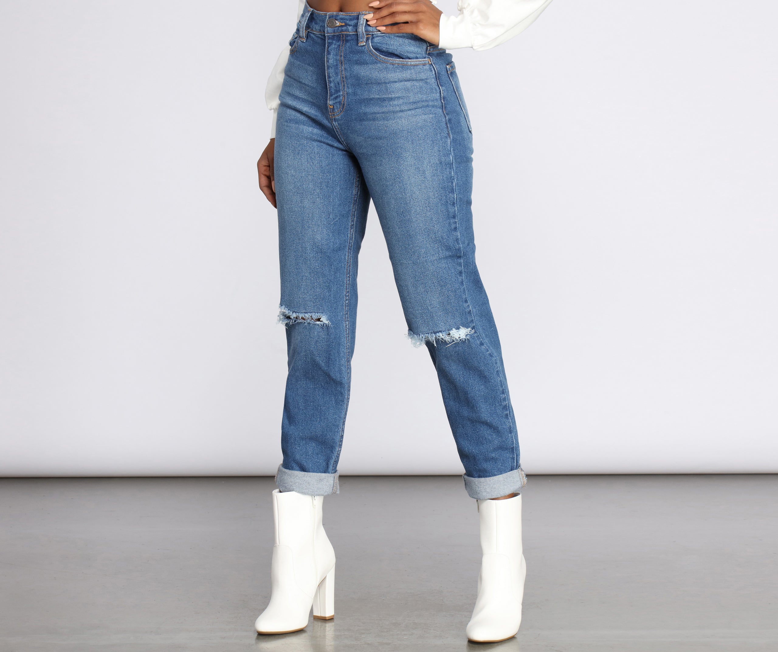 High Rise Distressed Mom Jeans