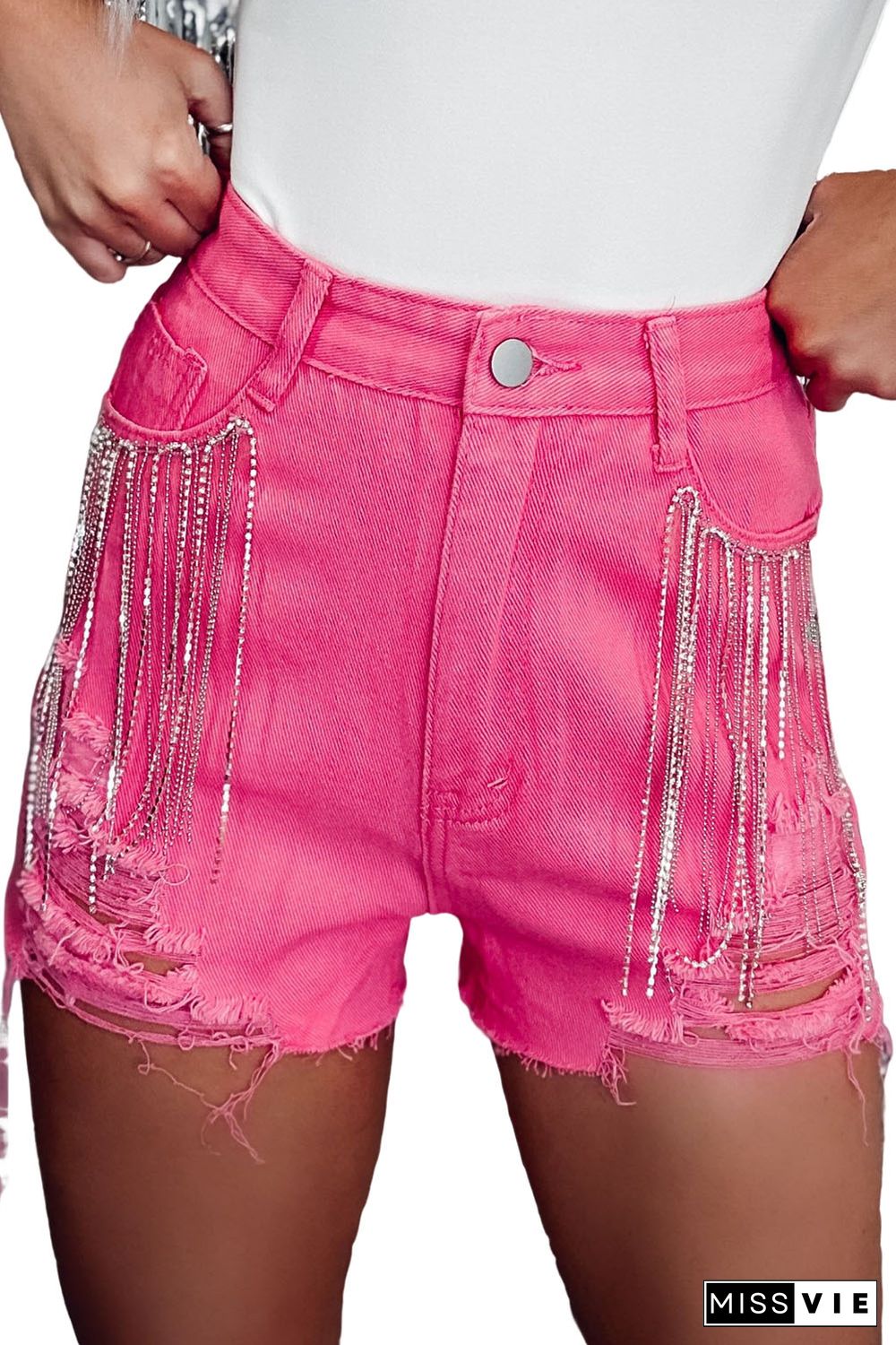 Rose Distressed Slim Fit High Waist Denim Shorts