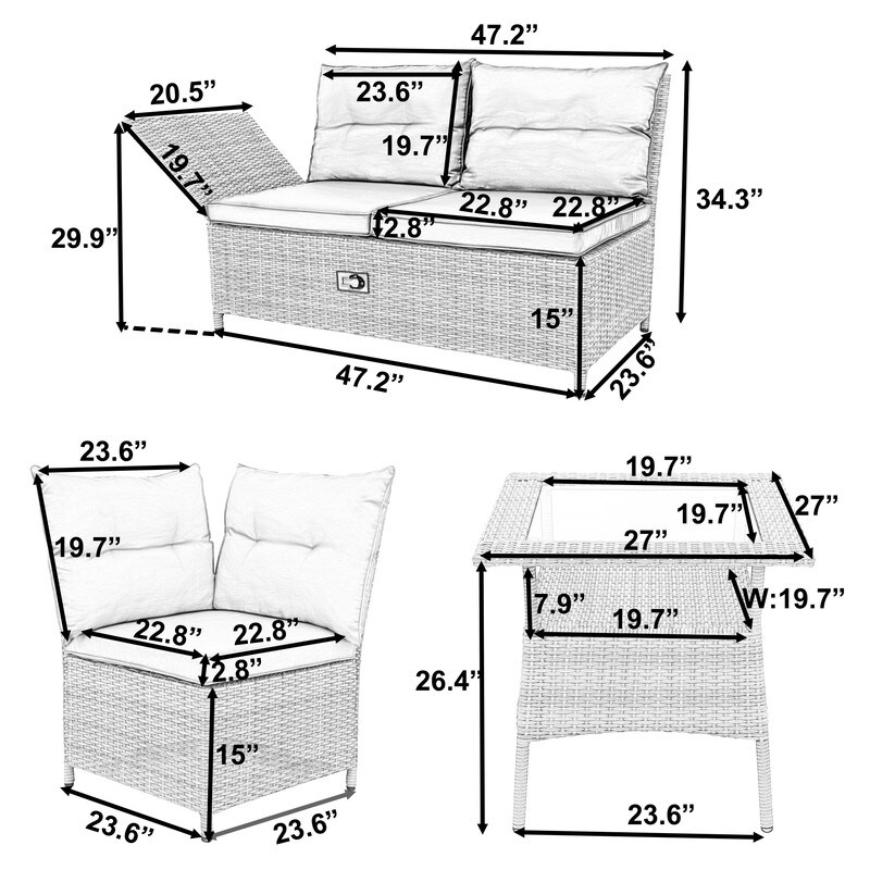 Outdoor Patio 4 Piece  Weather PE Wicker Rattan Sofa Set with Adjustable Backs Reclinable Chaise Lounge for Backyard Poolside