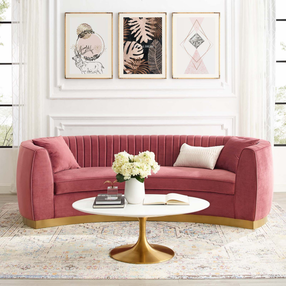 Dusty Rose Enthusiastic Vertical Channel Tufted Curved Performance Velvet Sofa   Contemporary   Sofas   by Uber Bazaar  Houzz