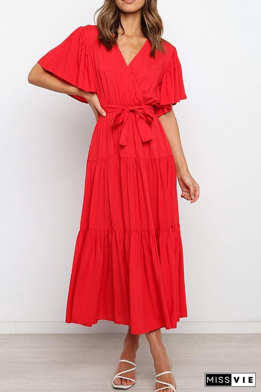 Ruffled Sleeve V-neck Tie Waist Maxi Dress P14492