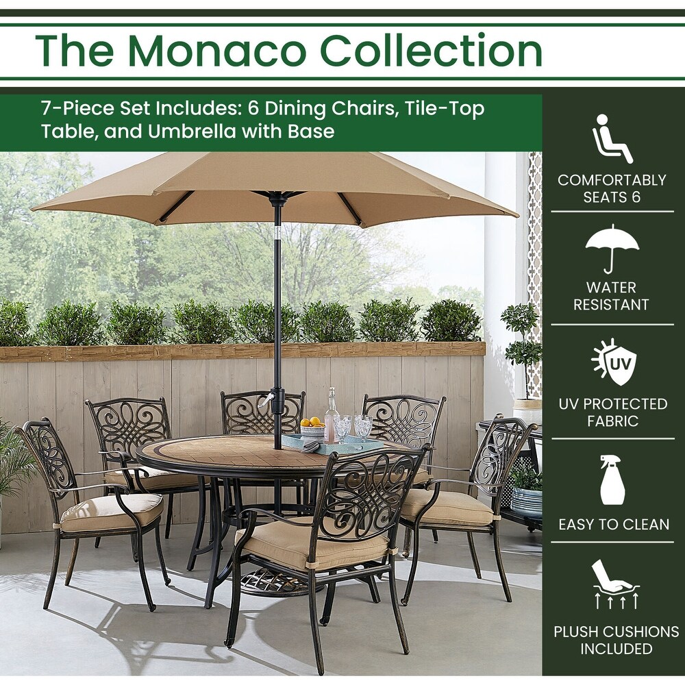 Hanover Monaco 7 Piece Dining Set in Tan with Six Dining Chairs  60 in. Tile Top Table and 9 Ft. Umbrella