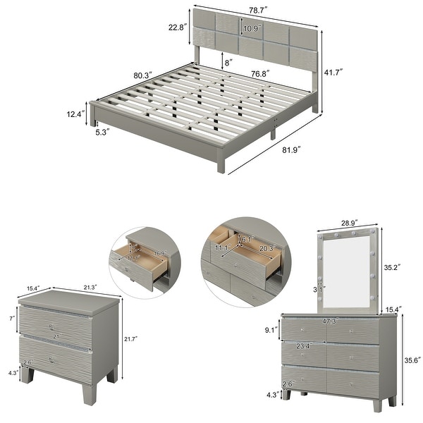 Champagne Silver 5 Pieces Bedroom Sets BedandNightstand*2 DresserandMirror - - 37516416