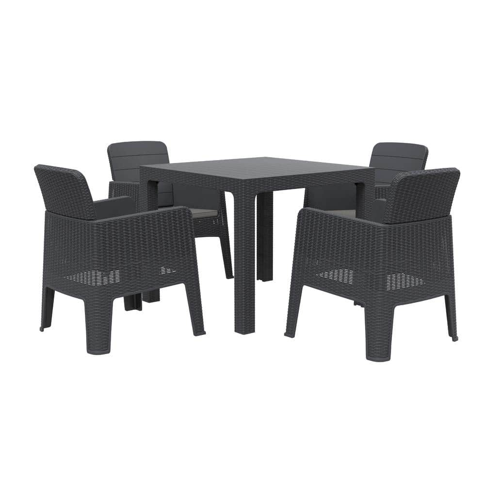 DUKAP LUCCA Black 5-Piece Plastic Outdoor Dining Set with Grey Cushions ODKLUC5-BLK-AB