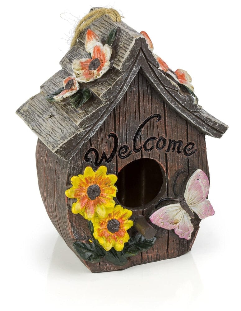 Butterfly and Flowers Welcome Decorative Hand-Painted Bird House