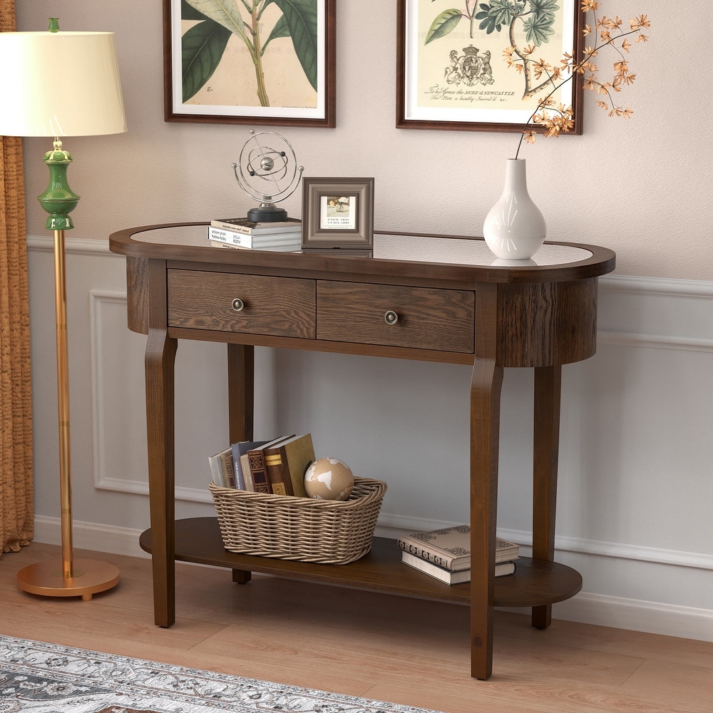 COSIEST Rustic Solid Wood Mirrored Console Table