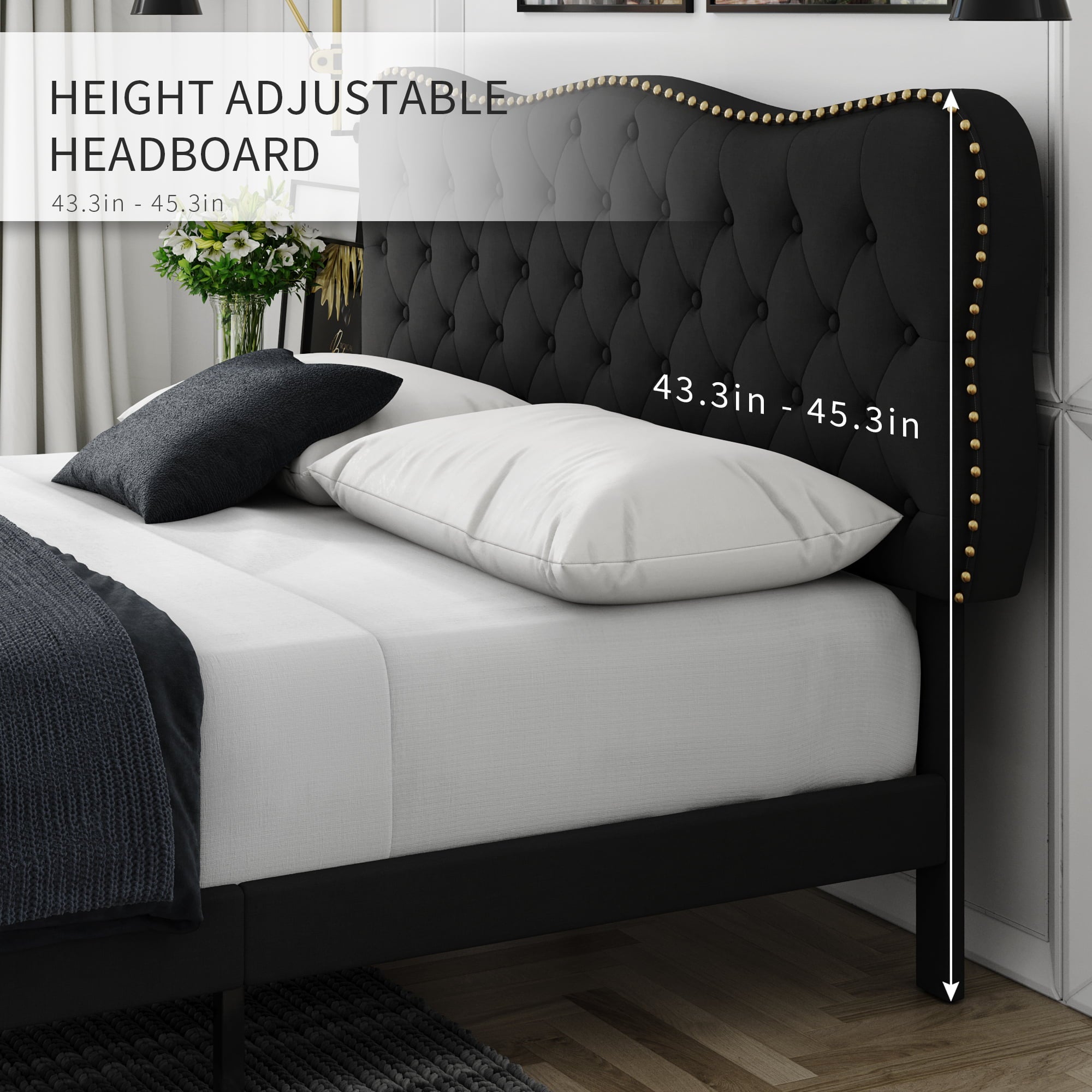 Homfa Black Queen Bed Frame, Linen Upholstered Platform Bed Frame with Button Tufted Adjustable headboard for Bedroom, No Box Spring Needed