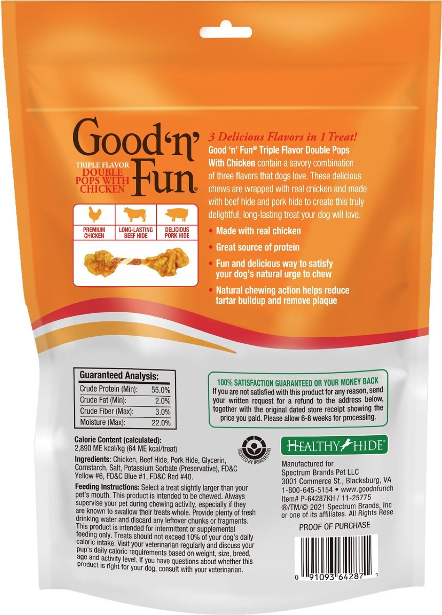 Good 'n' Fun Triple Flavor Double Pops Dog Rawhide Treat， 5.5-oz bag， 6 count