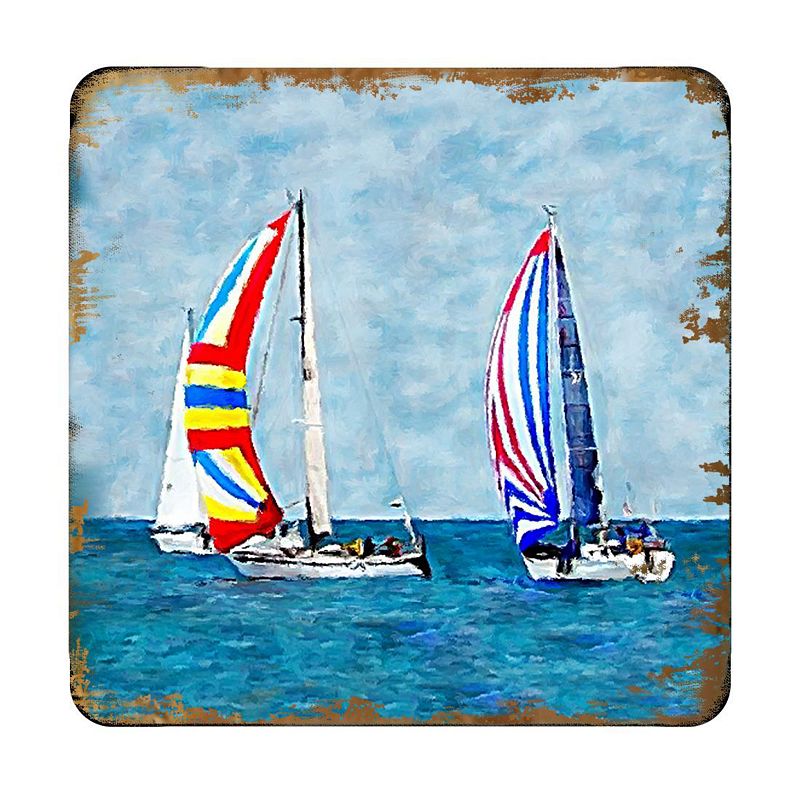 Sailboats Coastal Wooden Cork Coasters Gift Set of 4 by Nature Wonders