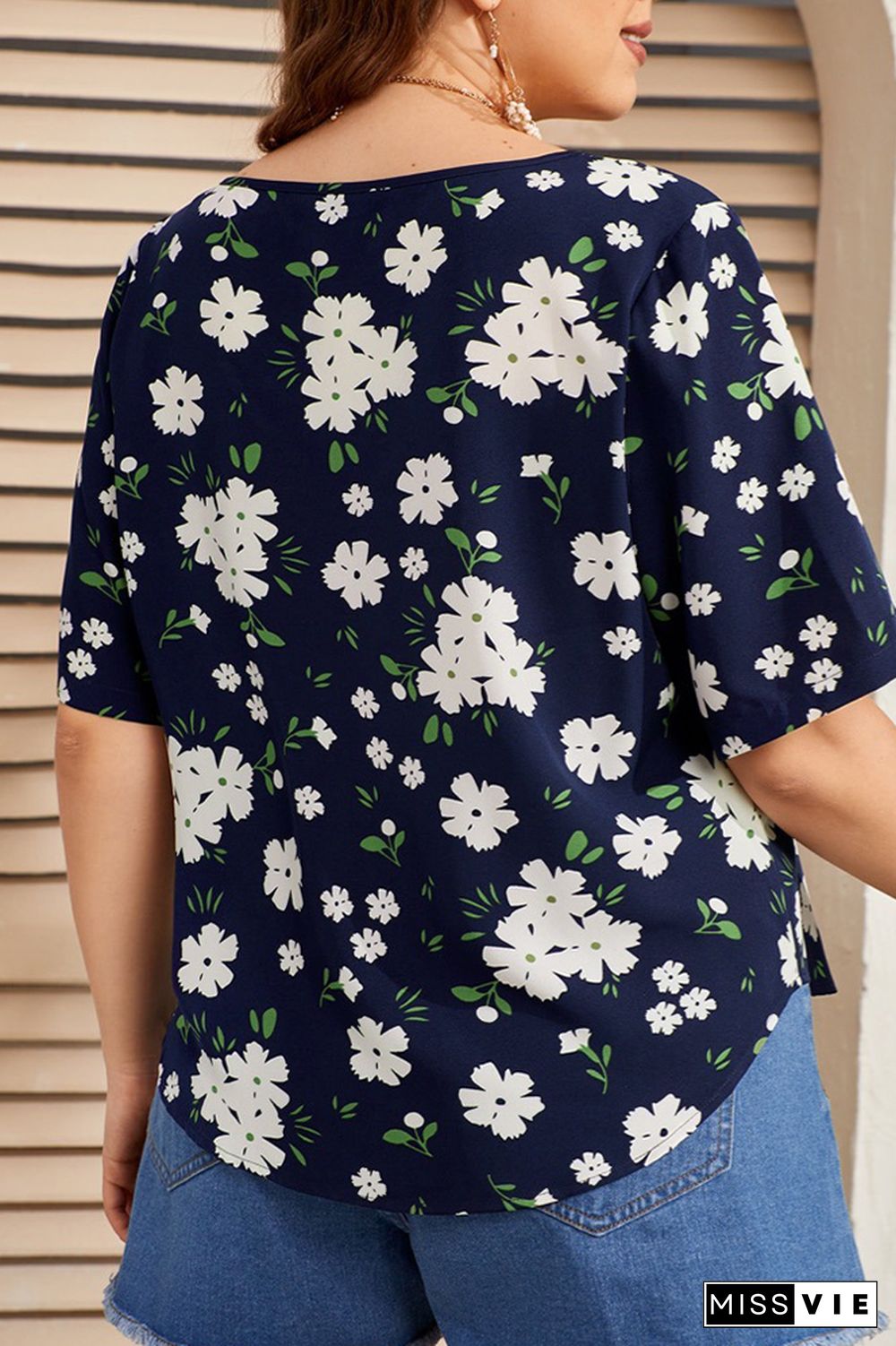 Navy Floral Print Ruffled Plus Size Blouse