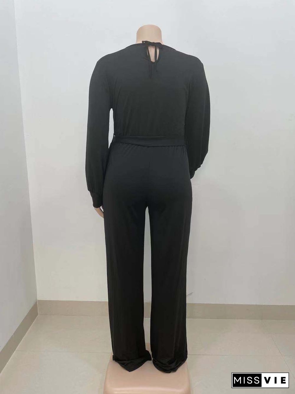 Long Sleeve V-neck Plus Size Wide Leg Jumpsuit