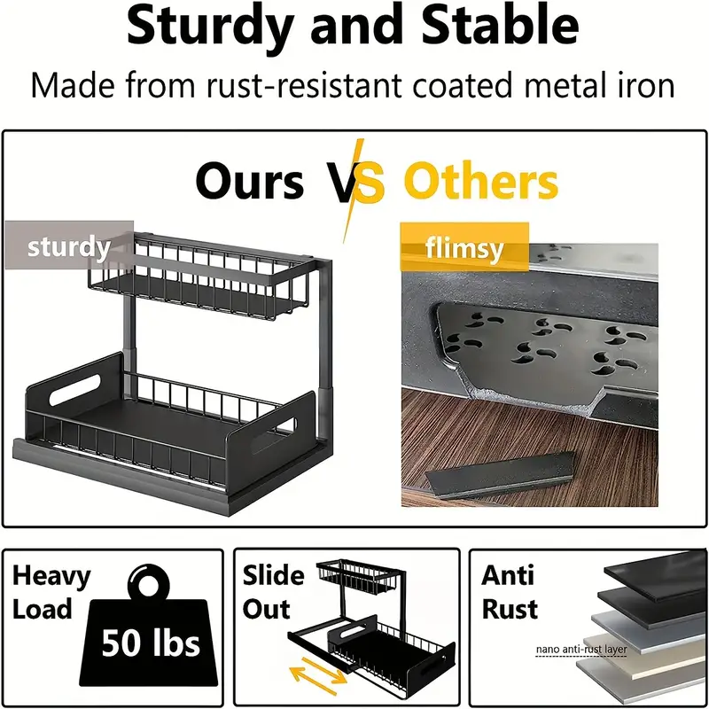 Under Sink Organizer 2 Tier Slide Out Kitchen Cabinet Organizer Sturdy Metal Bathroom Storage Shelf