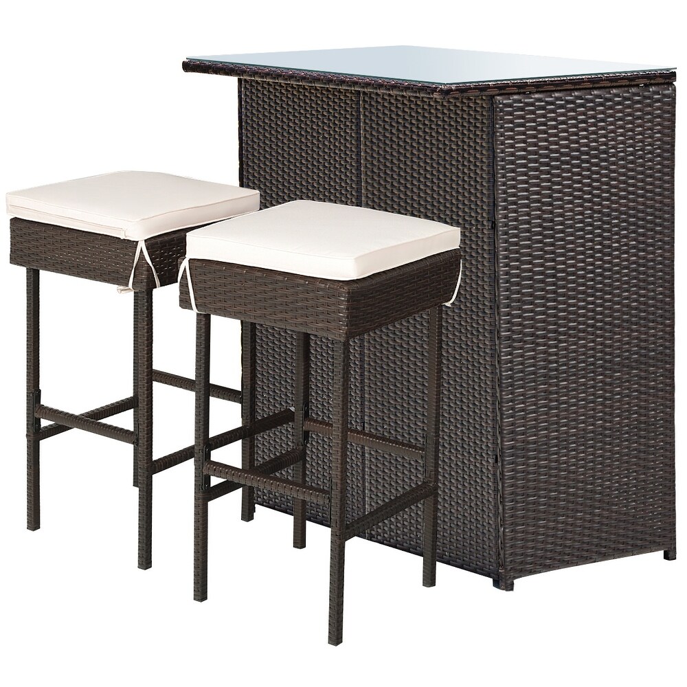 Costway 3PCS Patio Rattan Wicker Bar Table Stools Dining Set Cushioned   3 Piece Sets