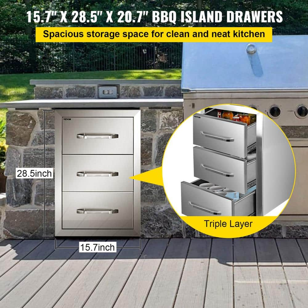 VEVOR 16 in. W x 28.5 in. H x 20.5 in. D Outdoor Kitchen Drawers Stainless Steel Flush Mount Triple BBQ Access Drawers CTG29X16X21.70001V0