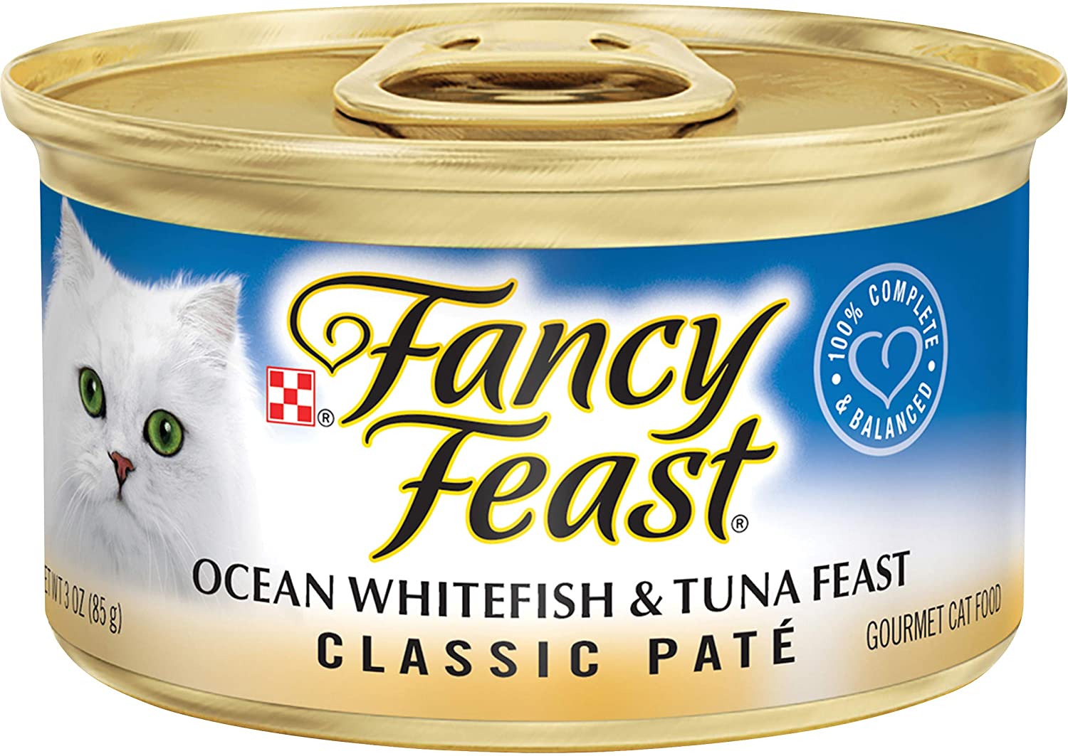 Purina Fancy Feast Grain Free Pate Wet Cat Food， Classic Pate Ocean Whitefish and Tuna Feast - (24) 3 oz. Cans