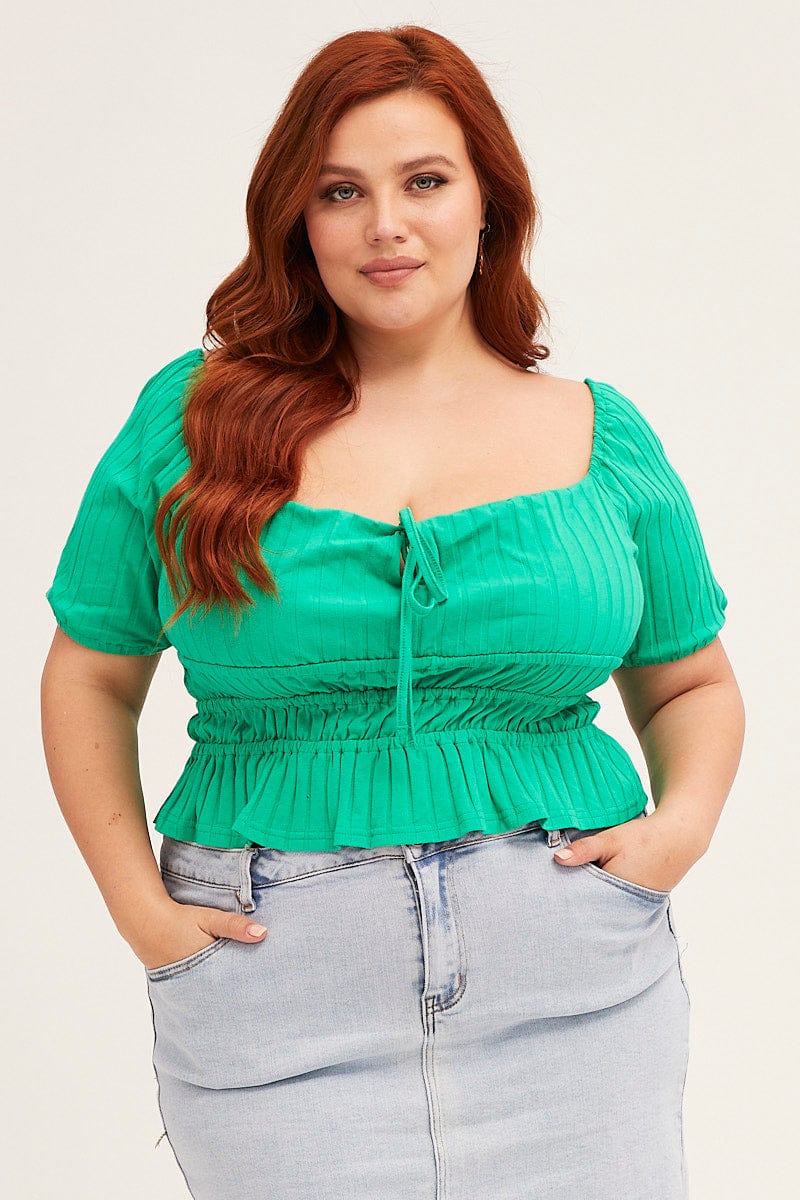 Green Short Sleeve Rib Jersey Peplum Top