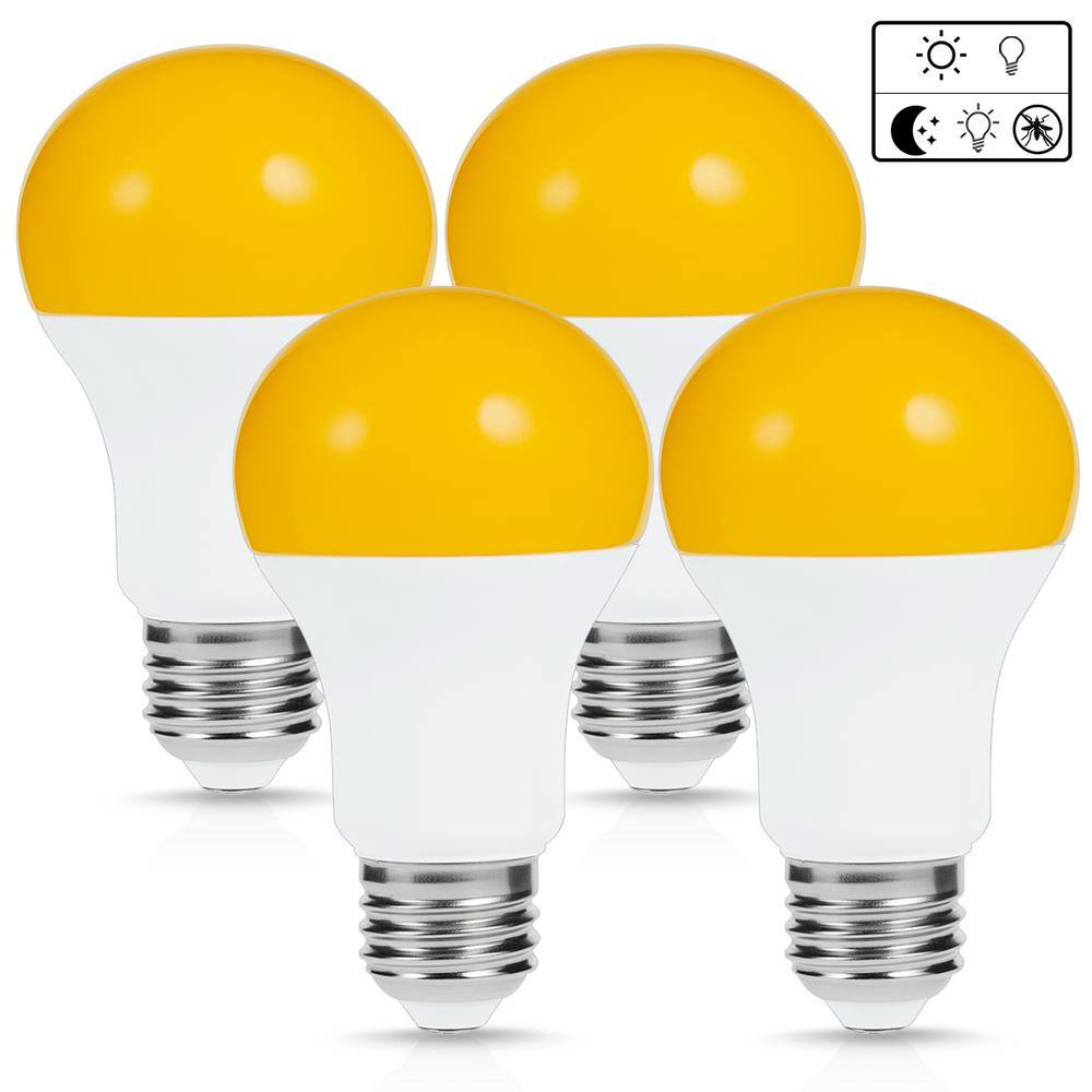 YANSUN 40-Watt Equivalent A19 Dusk to Dawn Light Bulbs OutdoorE26 Base Bug Lights for Outside in Yellow-Colored 2000K (4-Pack) H-GG-XC003OW6E26-4