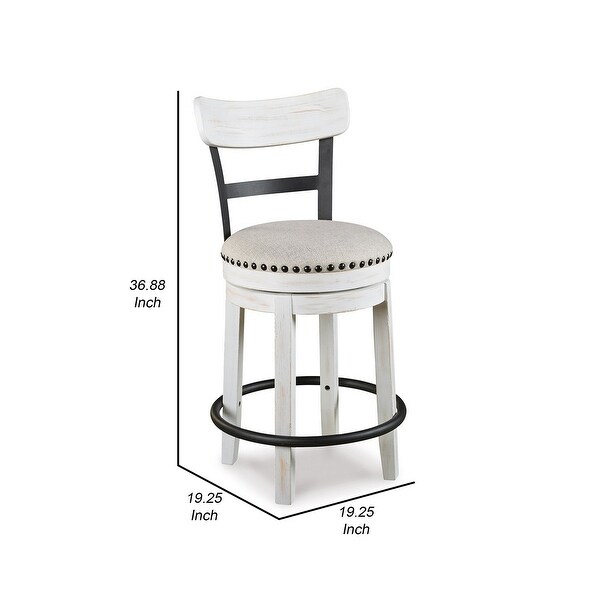 Zane 25 Inch Swivel Counter Height Stool， Round Cushioned Seat， White Wood