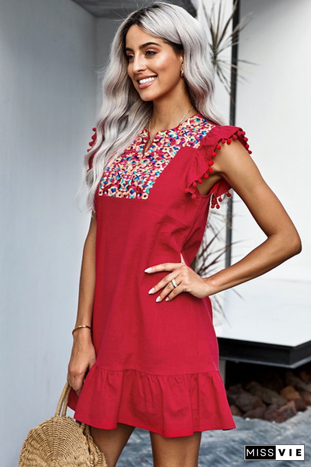 Women's Casual V Neck Skirt Boho Mexican Vintage Embroidery Print Mini Pompom Sleeve Shift Dress