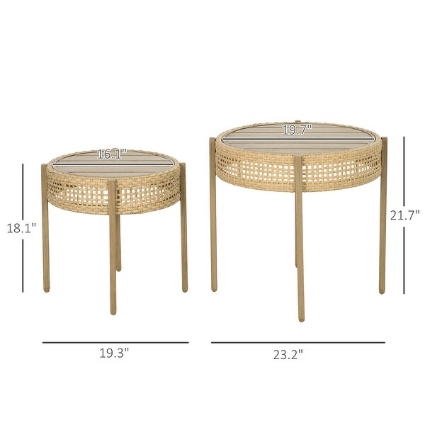 2 Piece Wicker Patio Table Set，PE Rattan End Table Set，Outdoor Round Coffee Table Set，MultiFunctional，Slatted Metal Top