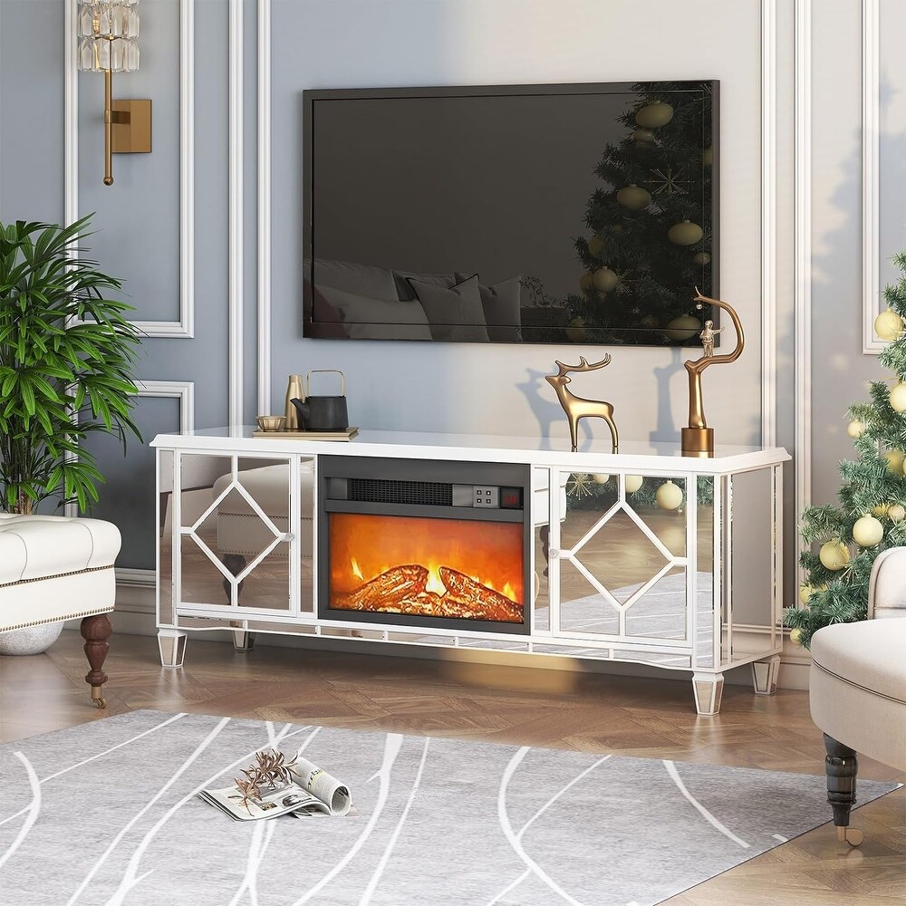 Mixoy Electric Fireplace Mirrored TV Stand with Heater 3D Flame TV Console Table with Storage Entertainment Center