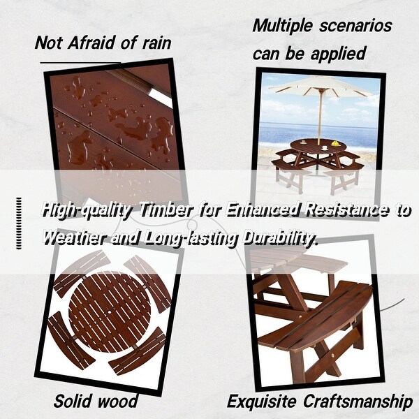 Outdoor 8 Person Picnic Table，8 person Round Picnic Table with 4 Builtin Benches，Umbrella Hole