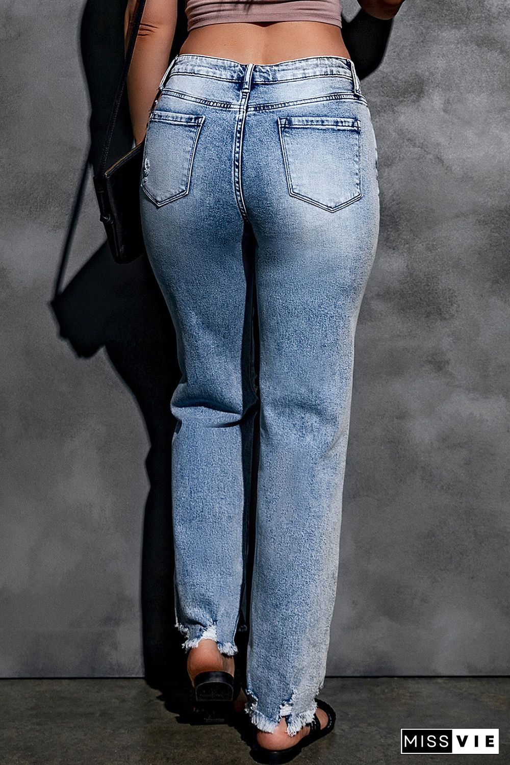 Sky Blue Washed Ripped Wide Leg High Waist Jeans