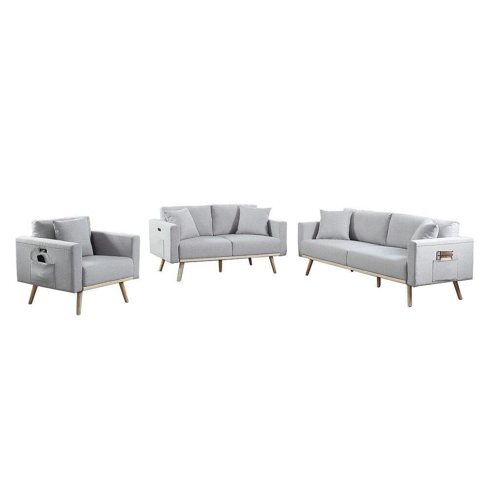 Mico 75 Inch Sofa  Loveseat and Chair Set with Throw Pillows  Light Gray