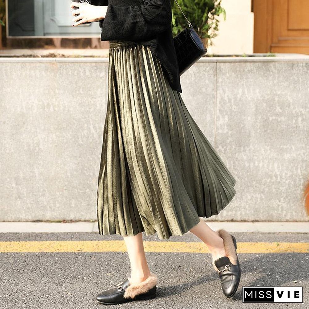 Fasion High Waist Pleated Velvet Skirt