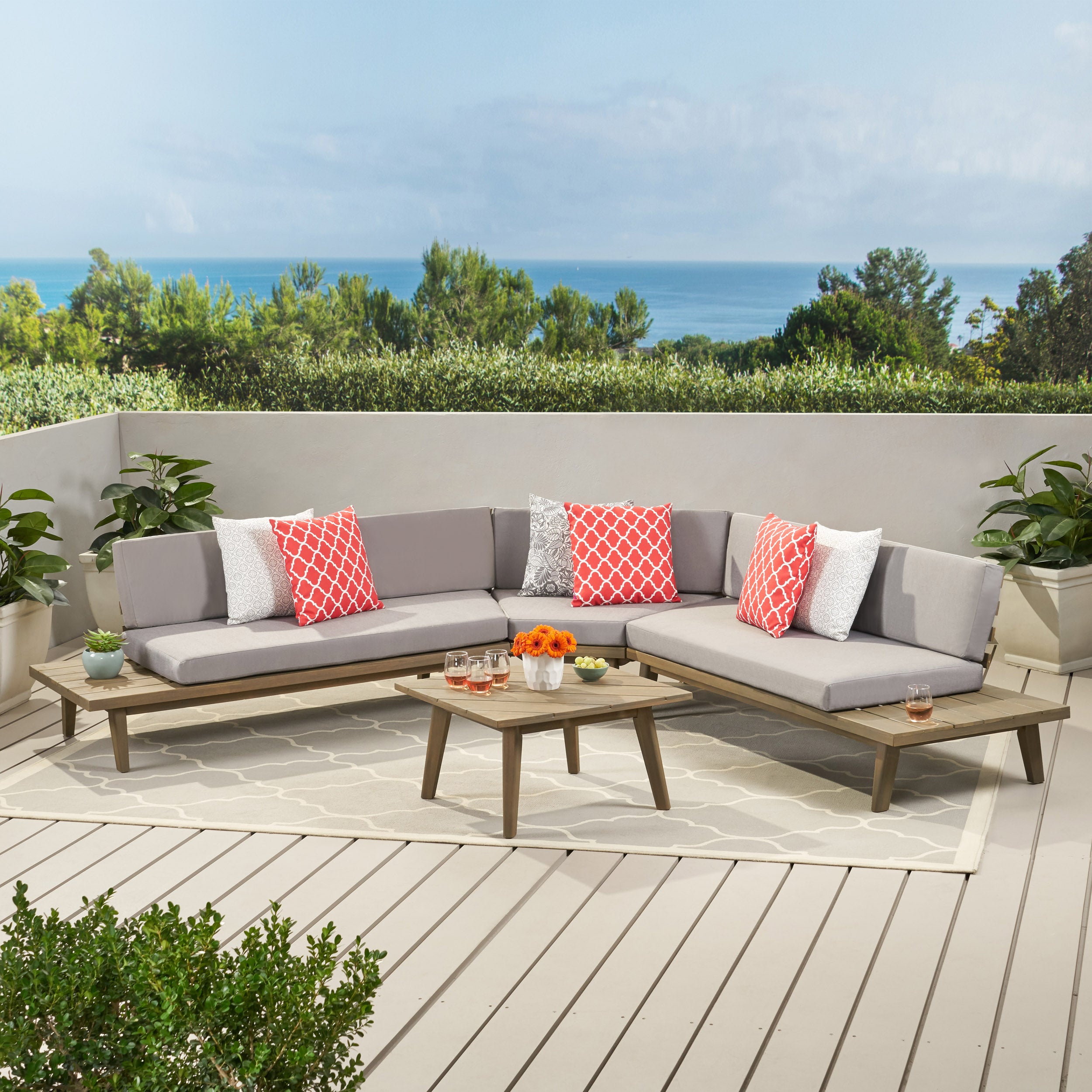 Hillside Mid Century Modern Outdoor Wood Platform Sectional With Built In End Tables & Coffee Table