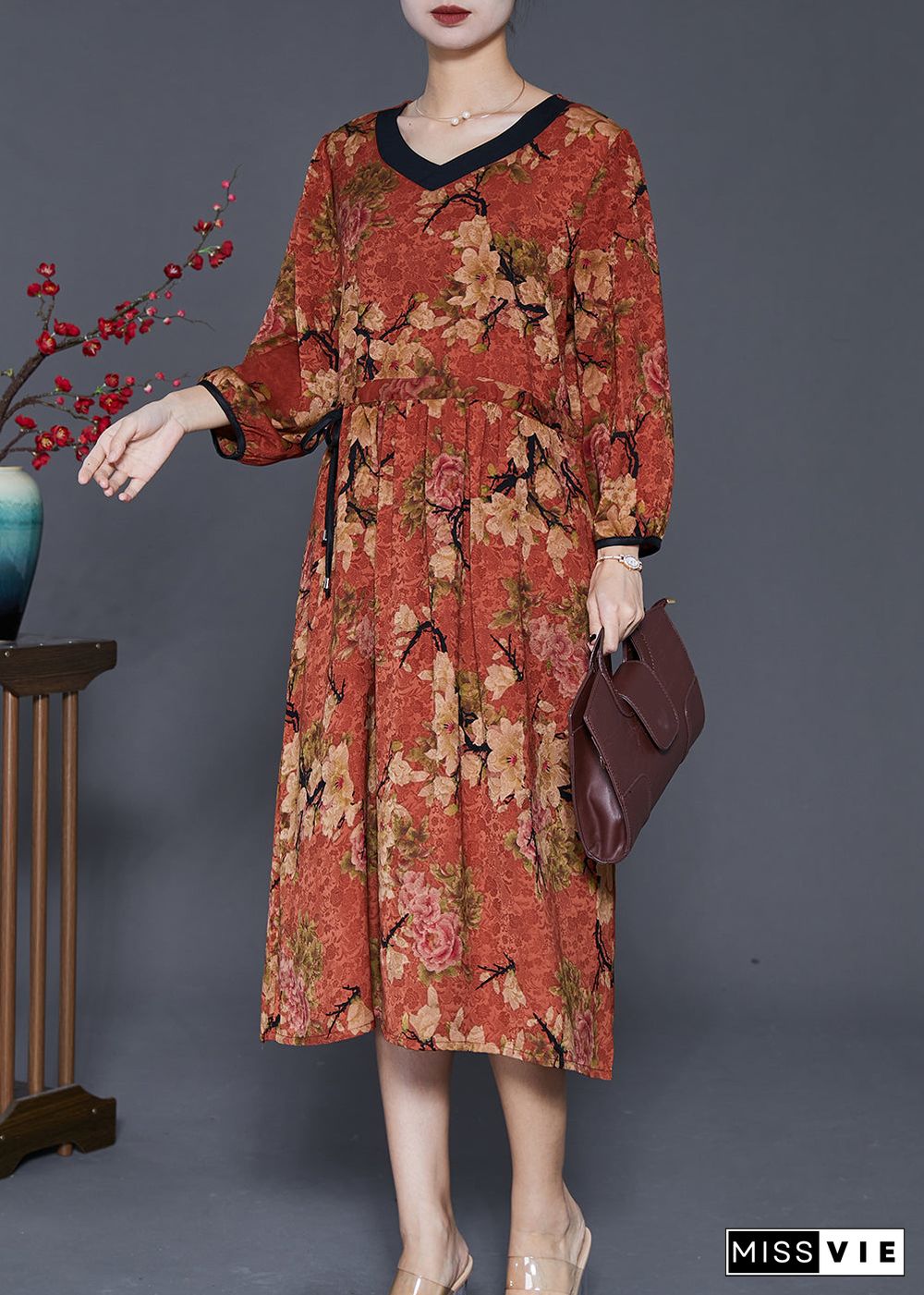 Classy Dull Red Cinched Print Maxi Dress Fall