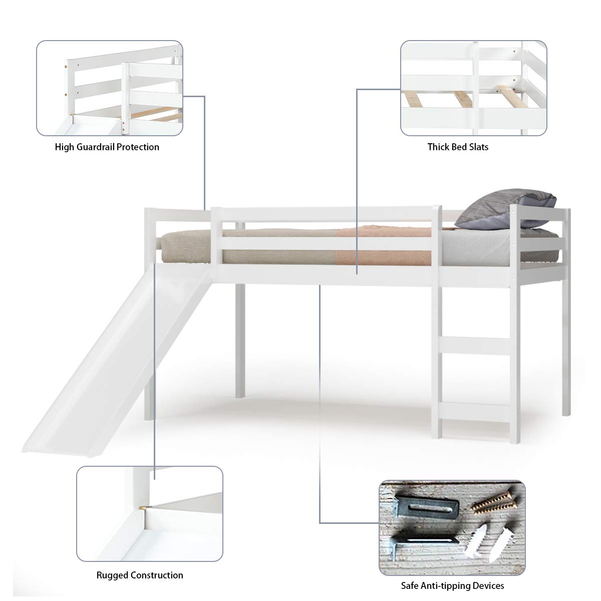 Costzon Twin Loft Bunk Bed with Slide, Built-in Ladder and Guard Rail