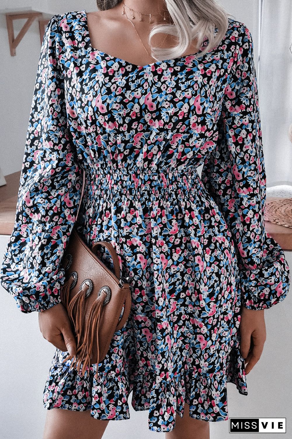 Floral Chiffon Ruffle Lantern Sleeve Dress