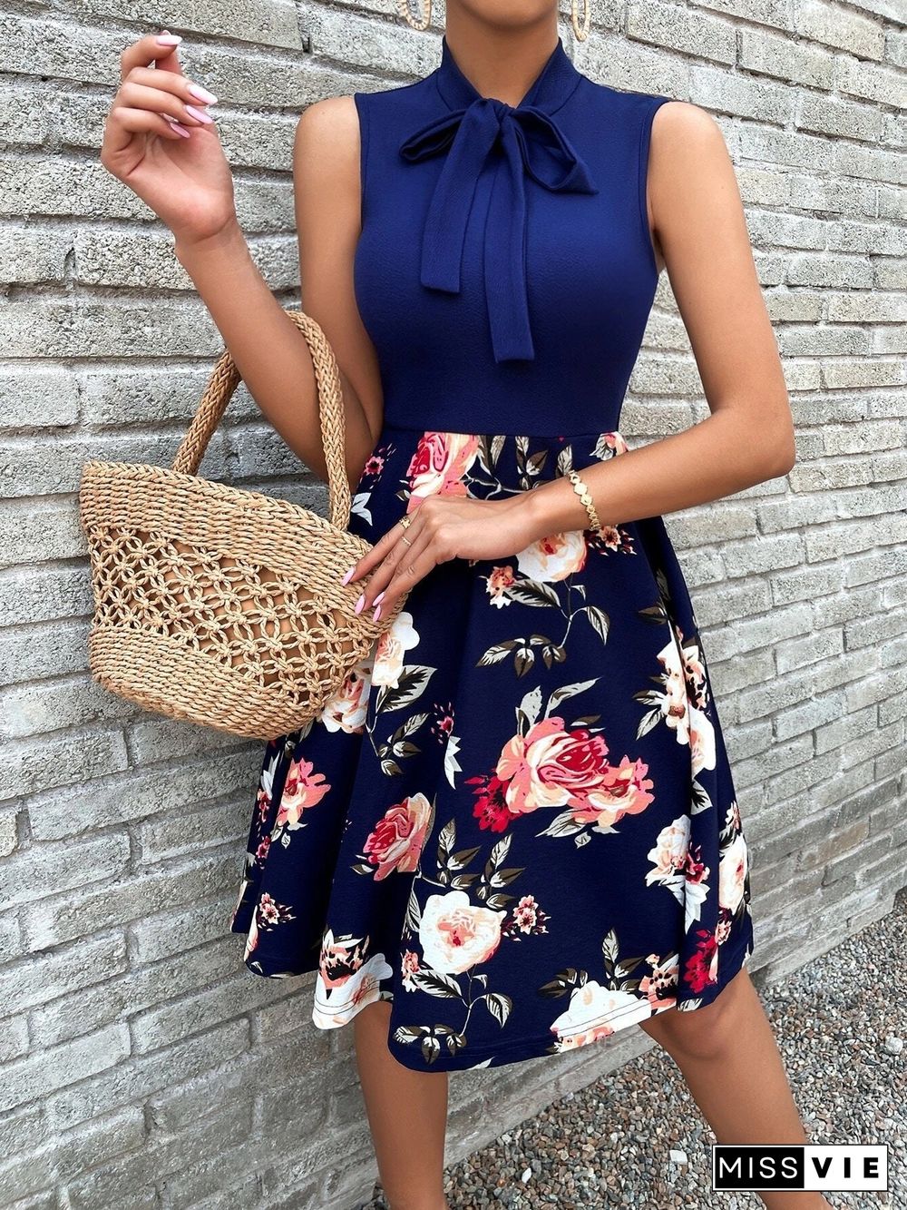 Floral Sleeveless Neck Tie Mini Dress