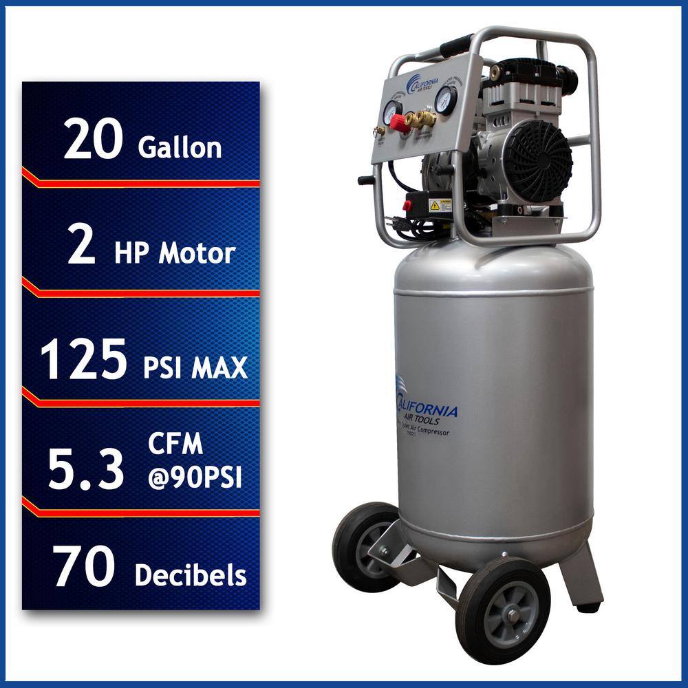 California Air Tools 20 Gal. 2.0 HP 220-Volt 60 Hz Ultra Quiet and Oil-Free Electric Air Compressor with Automatic Drain Valve 20020AD-22060