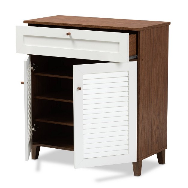 Coolidge 4 Shelf Wood Shoe Cabinet With Drawer White walnut Baxton Studio